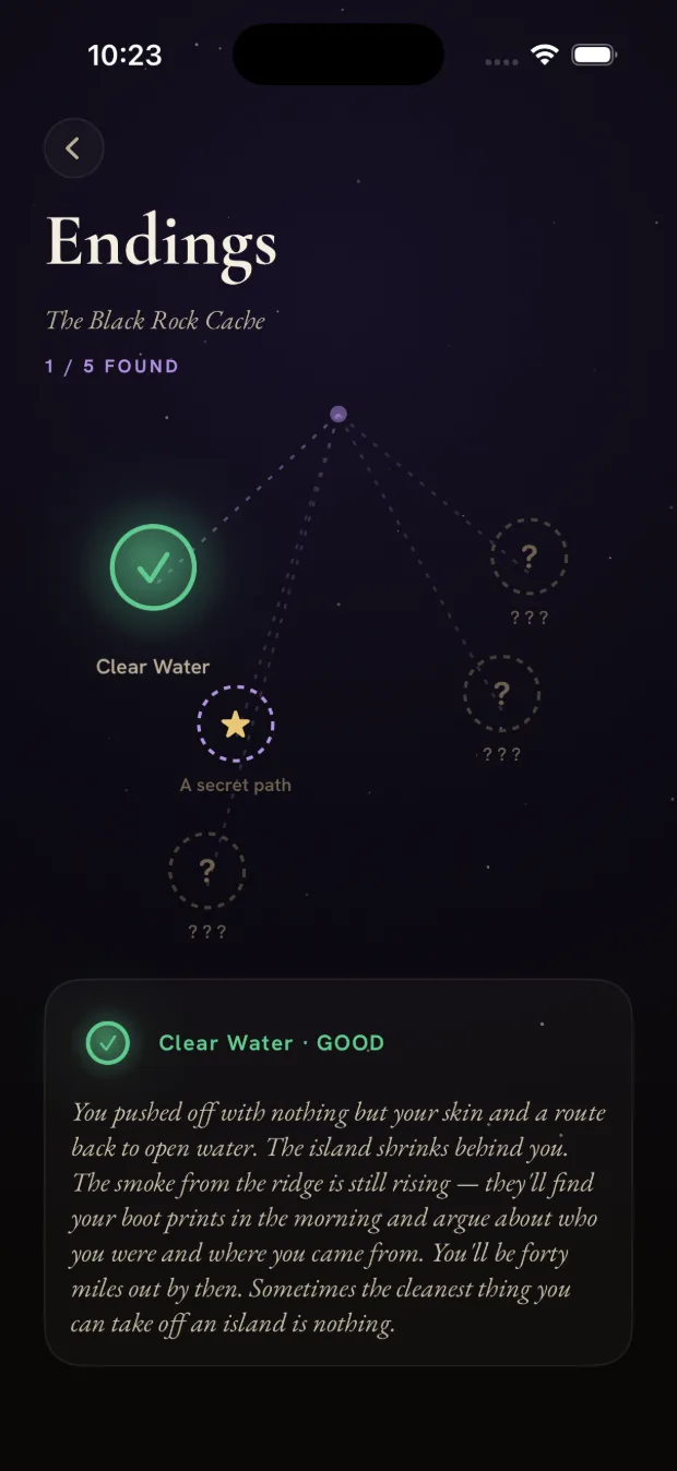Endings screen drawn as a constellation: one discovered good ending, a secret star, and several masked ??? nodes.