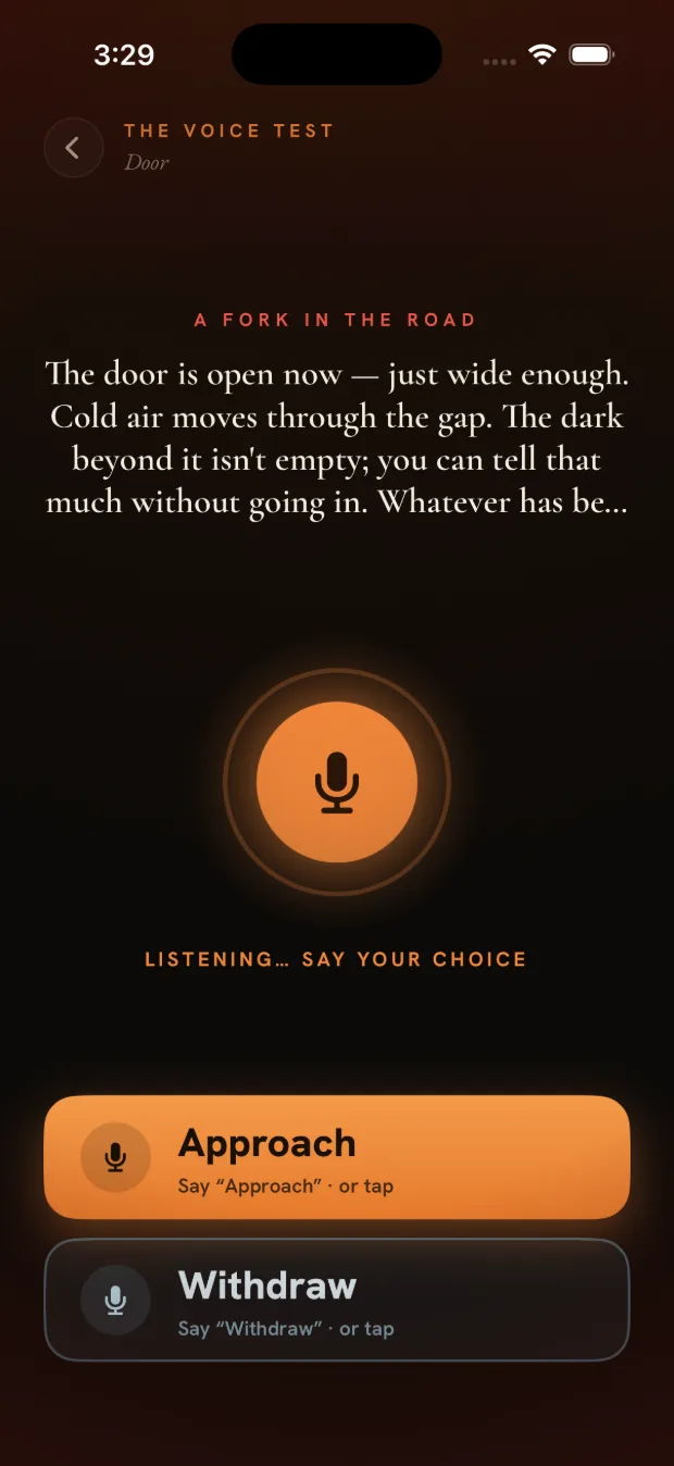A fork in the road with a glowing ember microphone, LISTENING… SAY YOUR CHOICE, and two options: Approach or Withdraw.
