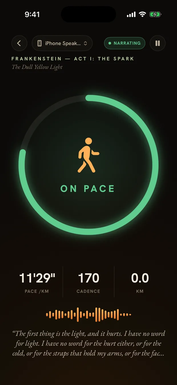 The Frankenstein run HUD in its green-black theme: walk gear, ON PACE, and the Creature's first line — The first thing is the light, and it hurts.