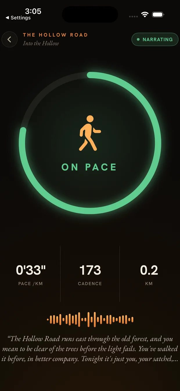 Run HUD showing a green pace ring, walk figure, ON PACE, live pace and cadence stats, and a line of narration.