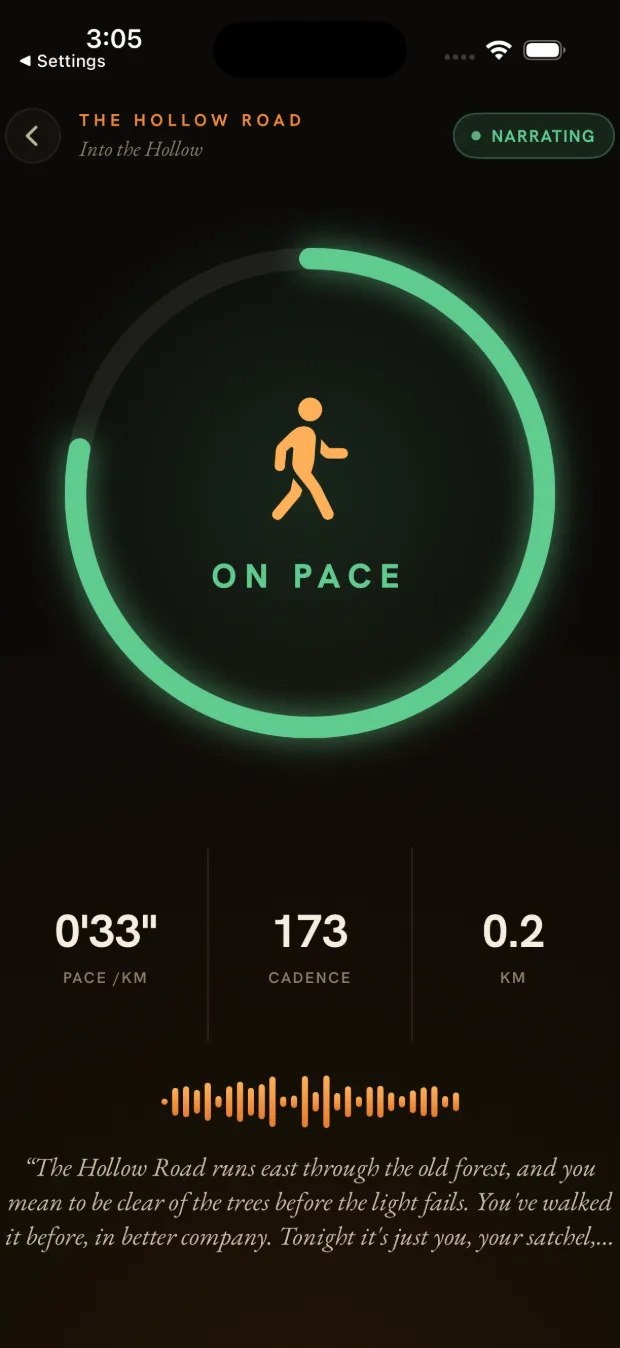 Run HUD showing a green pace ring, walk figure, ON PACE, live pace and cadence stats, and a line of narration.