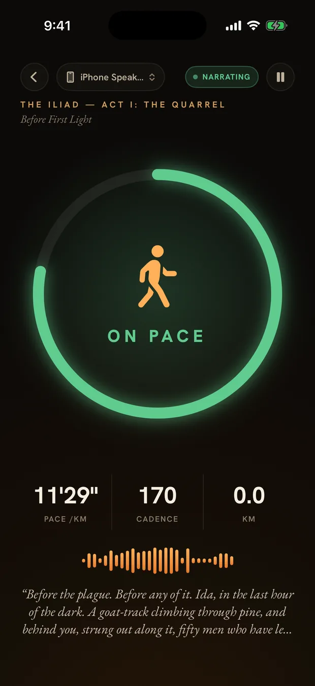 The Iliad run HUD, green pace ring and walk gear, narration from the climb up Mount Ida before first light.