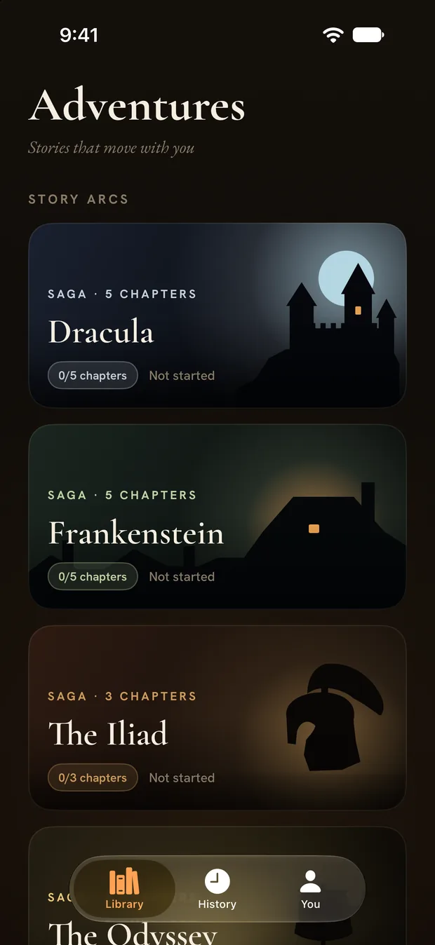 The app's library: four saga cards — Dracula under a full moon, Frankenstein's rain-dark roofs with one lit window, The Iliad with a crested helmet, and The Odyssey beneath them.