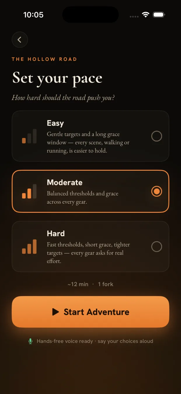 Set your pace screen with three intensity options — Easy, Moderate, Hard — and a Start Adventure button.